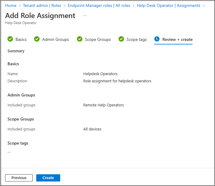 Snippet from Add Role Assignment Wizard for Help Desk Operator Role, Assignment Review and Creation