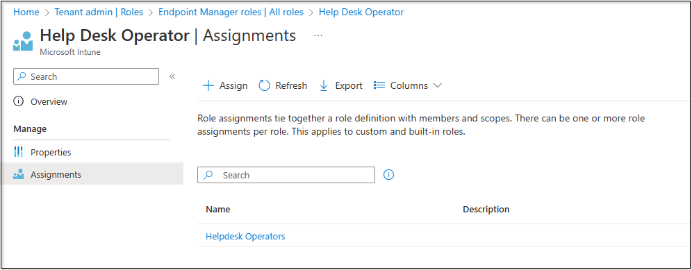 Snippet from Role Assignments Wizard for Help Desk Operator Role