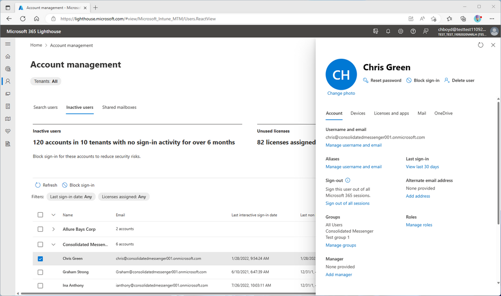 Image of account manangement to manage inactive users within Microsoft 365 Lighthouse