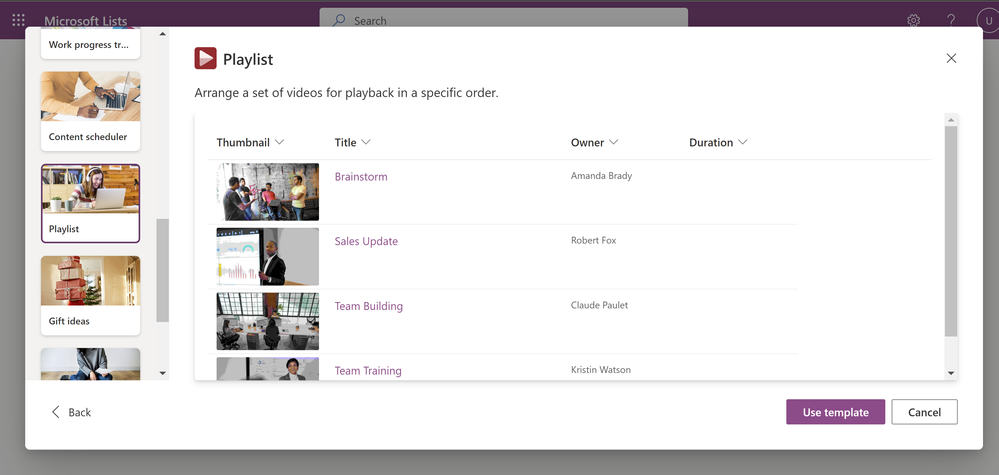 Using the new Playlist template when creating a new list in Microsoft Lists.