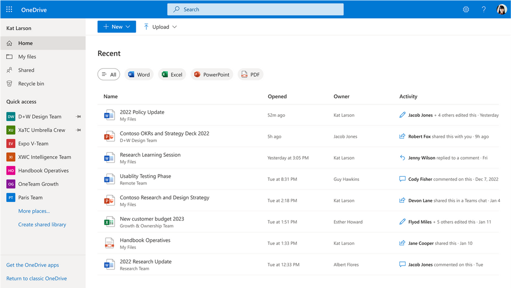 OneDrive home page showing Recent files, filters, activities per file, and more.