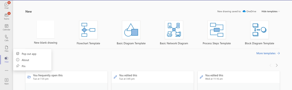 The Visio app highlights Visio documents, view recommended files, create new files, and see all the activities on your Visio diagrams.