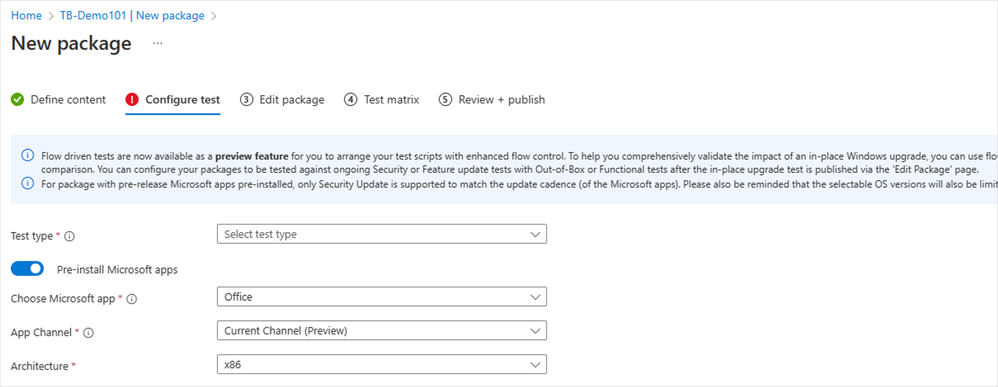 The pre-install Microsoft apps is toggled on in the New package configuration in Test Base