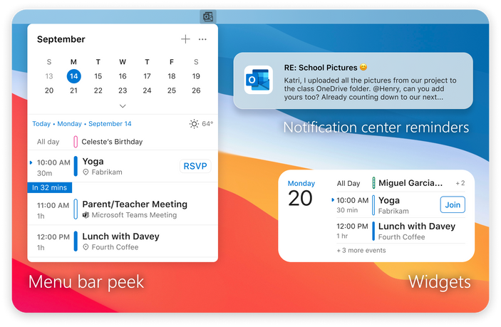 An image demonstrating previews of the Menu Bar (left), a Notification Center reminder (top right), and a Widget (bottom right) in Outlook for Mac.