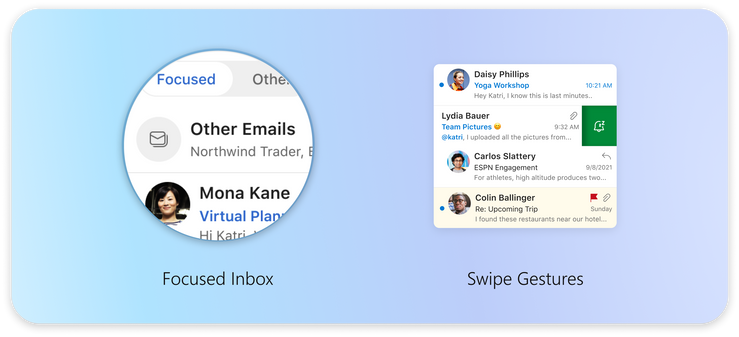 An image providing a preview of the Focused Inbox and Swipe Gestures features in Outlook for Mac.
