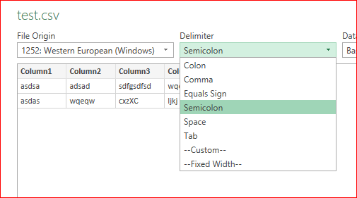 CSV not parsed into columns despite Get Data delimiter set - Microsoft  Community Hub