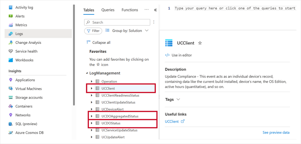 The Microsoft Azure interface showing Logs options, focused on a list of tables, including UCClient, UCDOAggregateStatus, and UCDOStatus