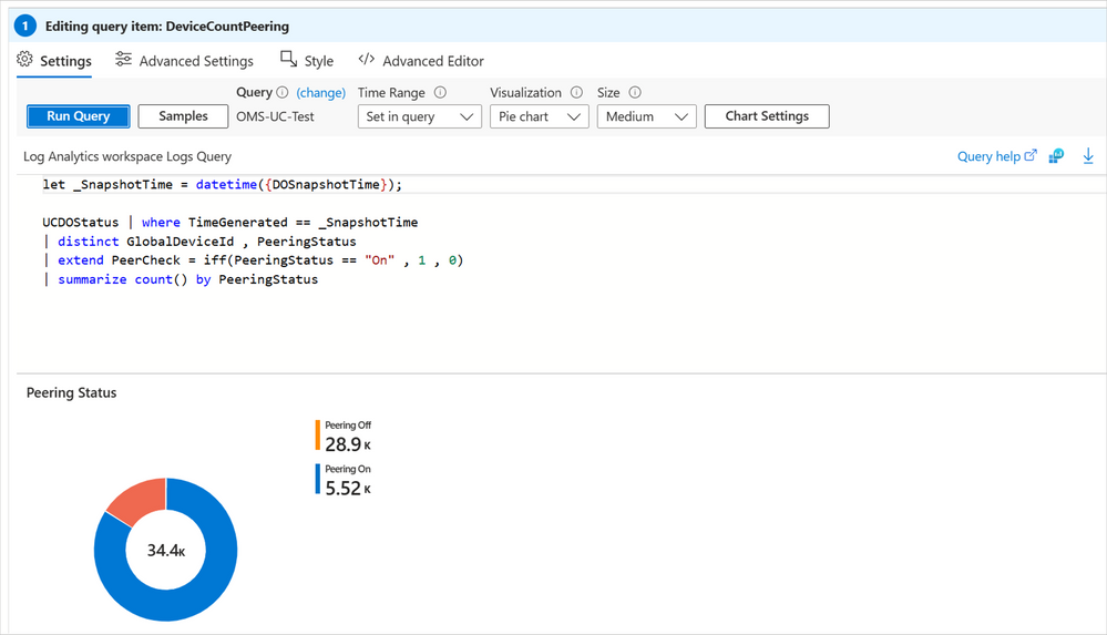 The Peering Status pie chart, powered by the UCDOStatus table, is shown when editing the query item for DeviceCountPeering