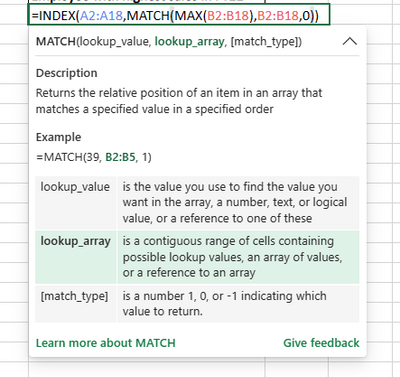 The card includes formula and arguments descriptions, and an example.