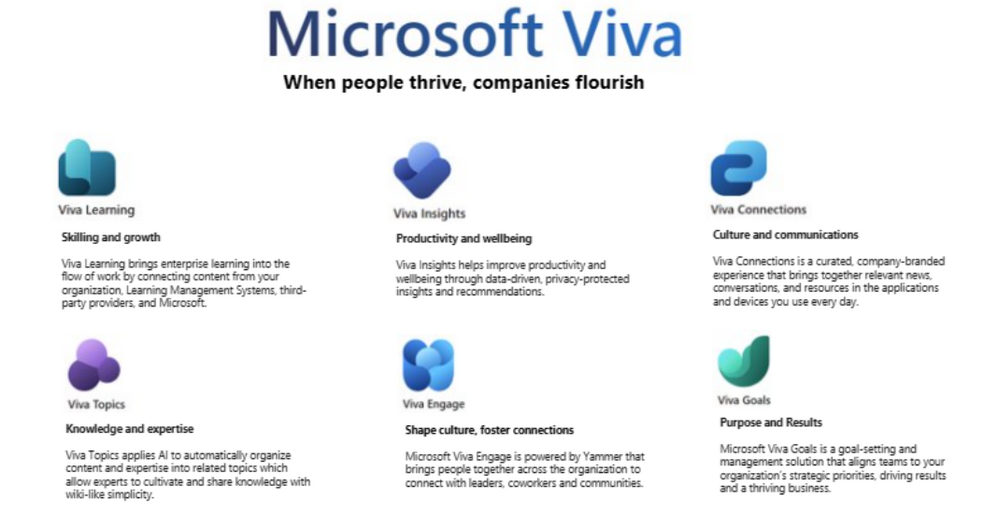 An image demonstrating the different types of Microsoft Viva solutions