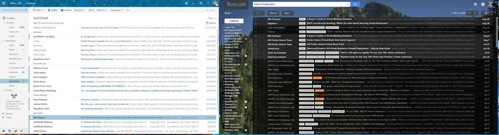 Blinding white Outlook 365 on the left, comfortable Gmail on the right.