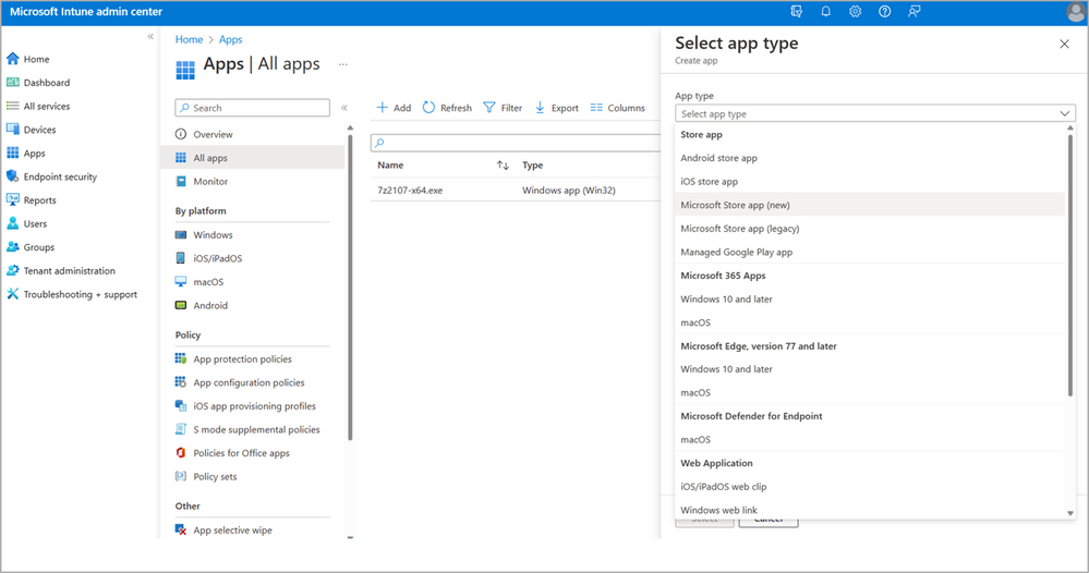 A screenshot of the Select app type drop-down menu of app options in the Microsoft Intune admin center.