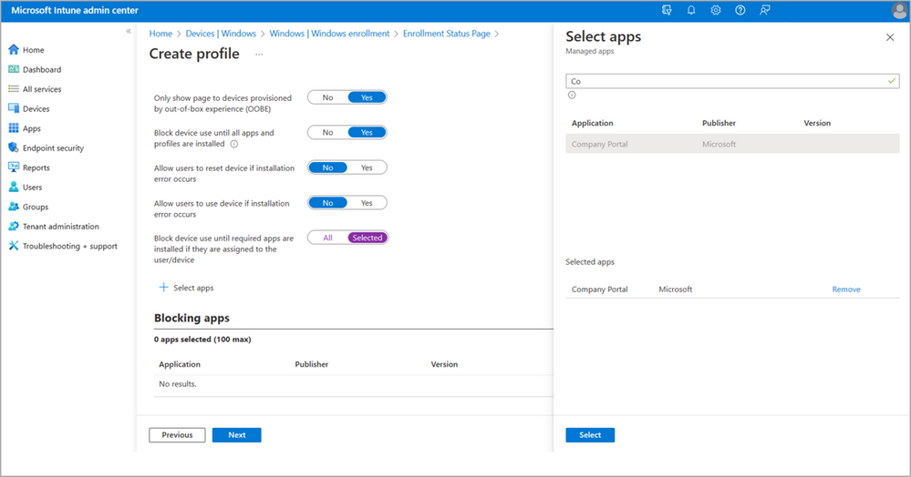 A screenshot of the Select apps window in the Create profile pane in the Microsoft Intune admin center.