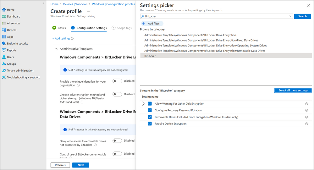 A screenshot of the Settings picker showing the BitLocker category and the selected settings.