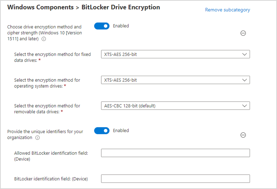 A screenshot of the BitLocker Drive Encryption settings pane and the available configuration options.