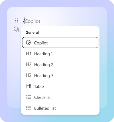 An image demonstrating the entry point for Copilot within the "/" menu.
