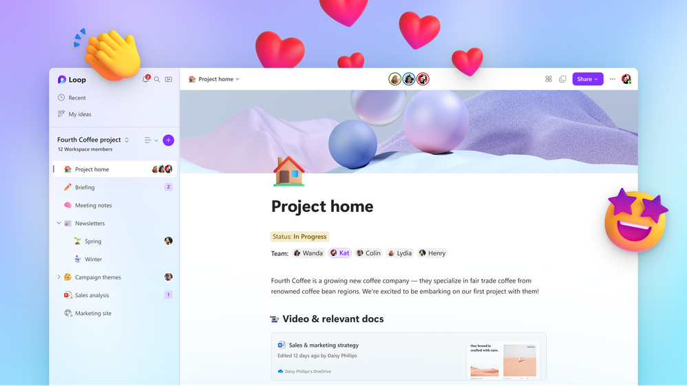 A visual of a Loop workspace showing a page titled Project Home with reacting to the content.