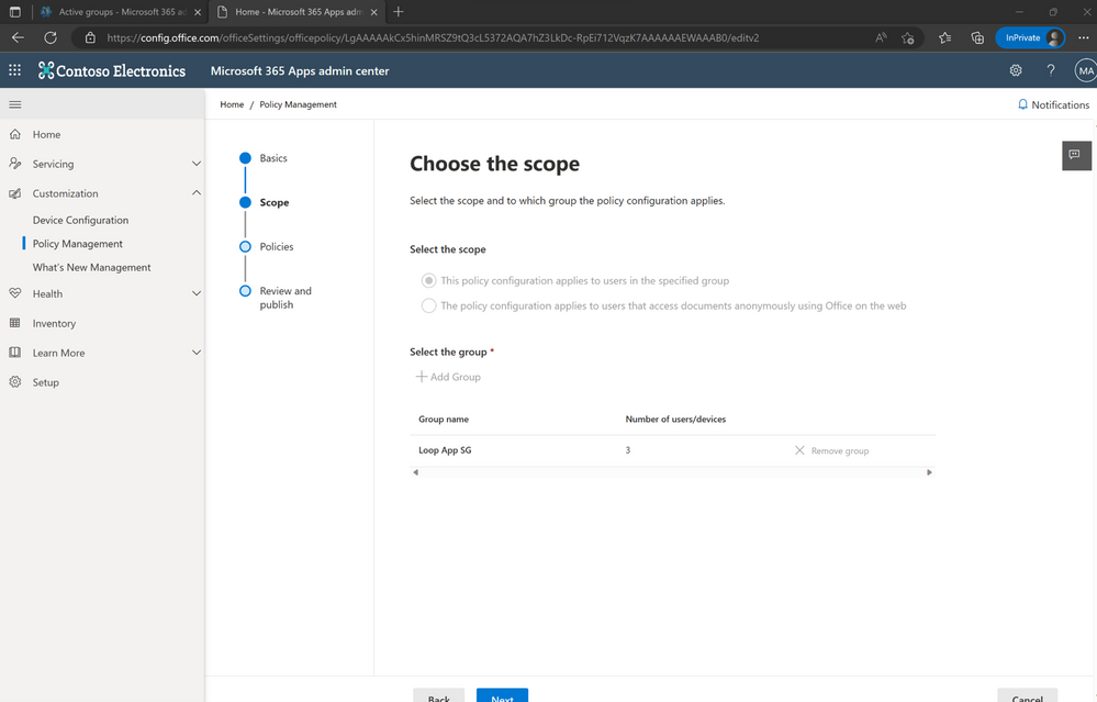 An image of the "Choose the scope" page on the Policy Management tab in the Microsoft 365 Apps admin center.