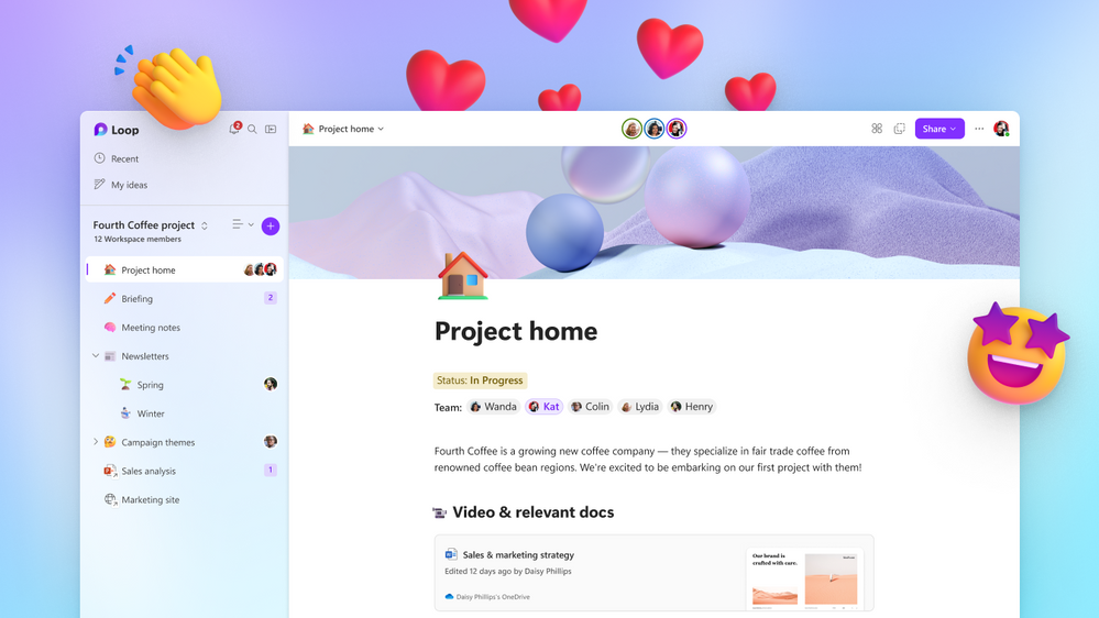 An image of the Microsoft Loop app providing an example workspace titled, "Project home."