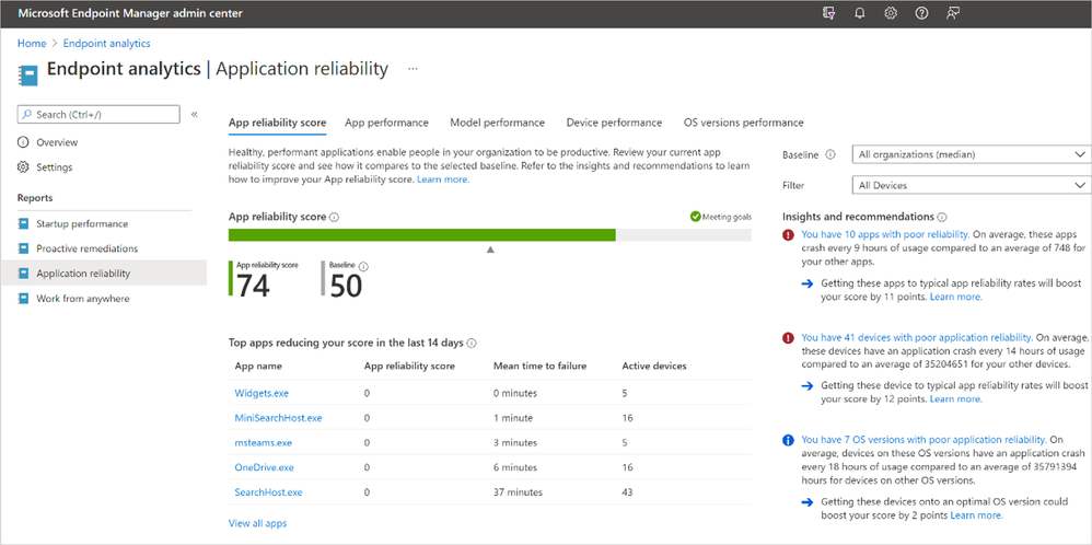 Application reliability report in endpoint analytics showing app reliability score