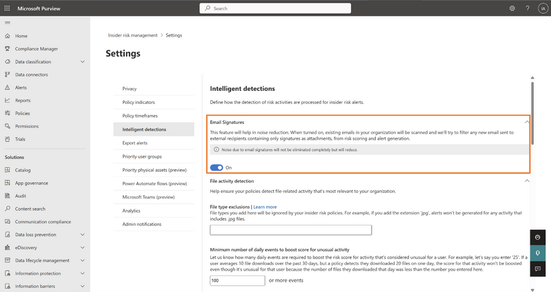 Figure 3: Admins can turn on email signatures exclusion in insider risk settings