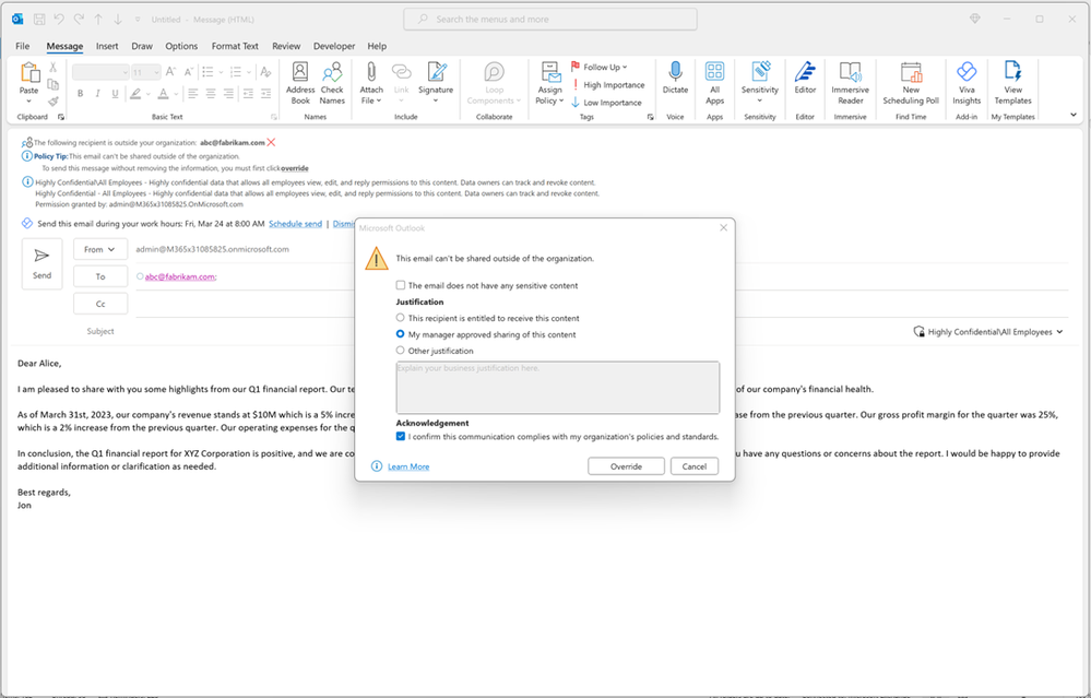 Figure 11: Policy tip triggered as the user is trying to share an email with a specific sensitivity label and sensitive financial content with a user in an untrusted domain