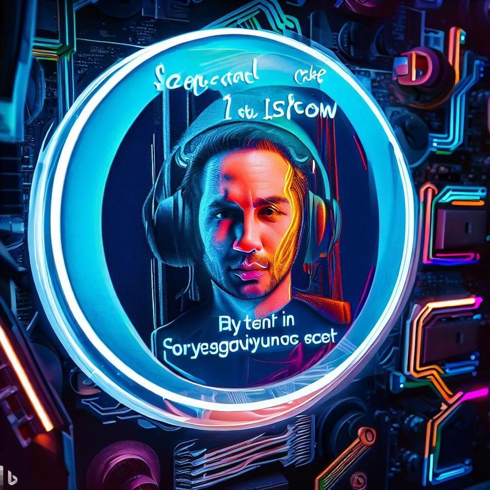 Figure 1: AI-generated image of a person's face with neon-like shines wearing an audio headset circled by a blue coin-like shape in front of a circuit-like background.