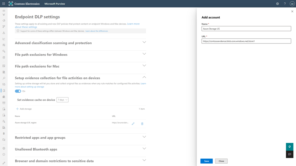 Figure 10a : Adding an Azure blob storage in endpoint DLP settings