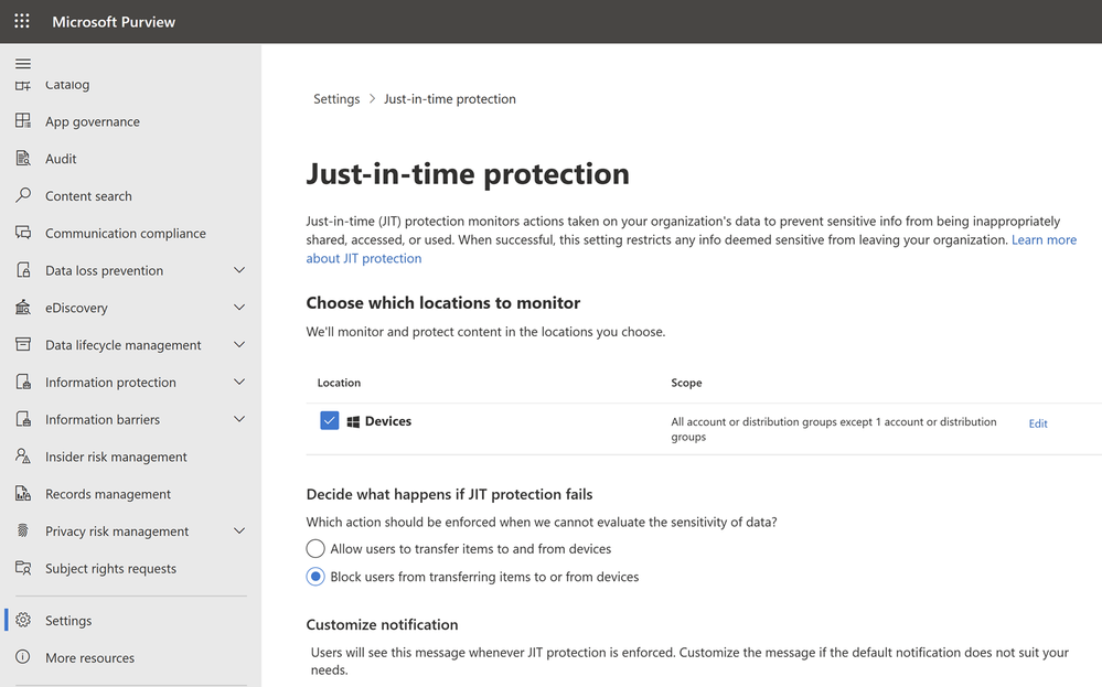 Figure 3: Configure scope and behavior for Just-in-time protection