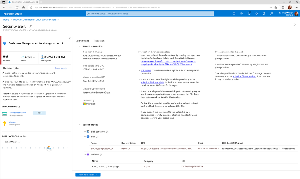 Defender for Cloud security alert based on Malware Scanning result with full malware details and blob context.