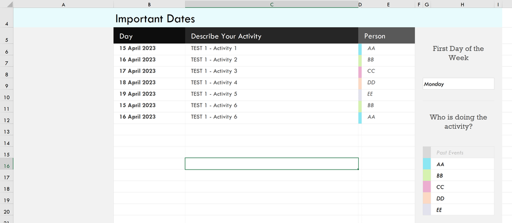 Activities Input. Tab 1