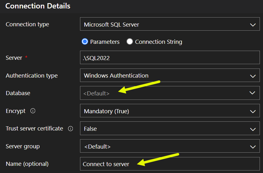 Screenshot of connection configuration for server
