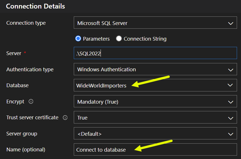 Screenshot of connection configuration for database