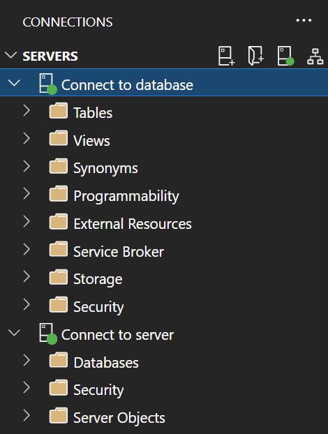 Screenshot of server view with server and database connections
