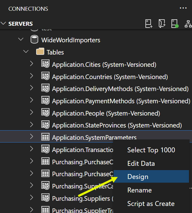 Screenshot of right-click option to modify design of an existing table
