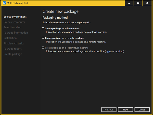 Screenshot of the MSIX Packaging Tool UI showing the options available in the menu for Create new  package, and the app is in high contrast mode