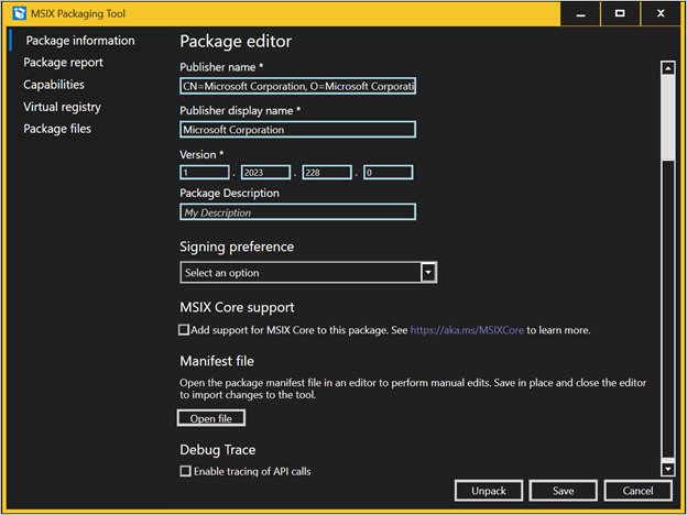 Screenshot of the MSIX Packaging Tool showing package information, and the app is in high contrast mode