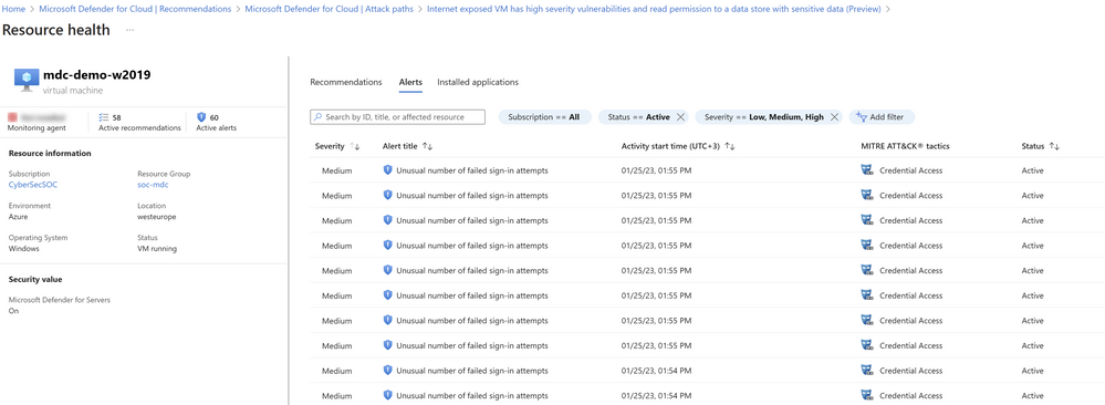 View of active security alerts related to attack paths