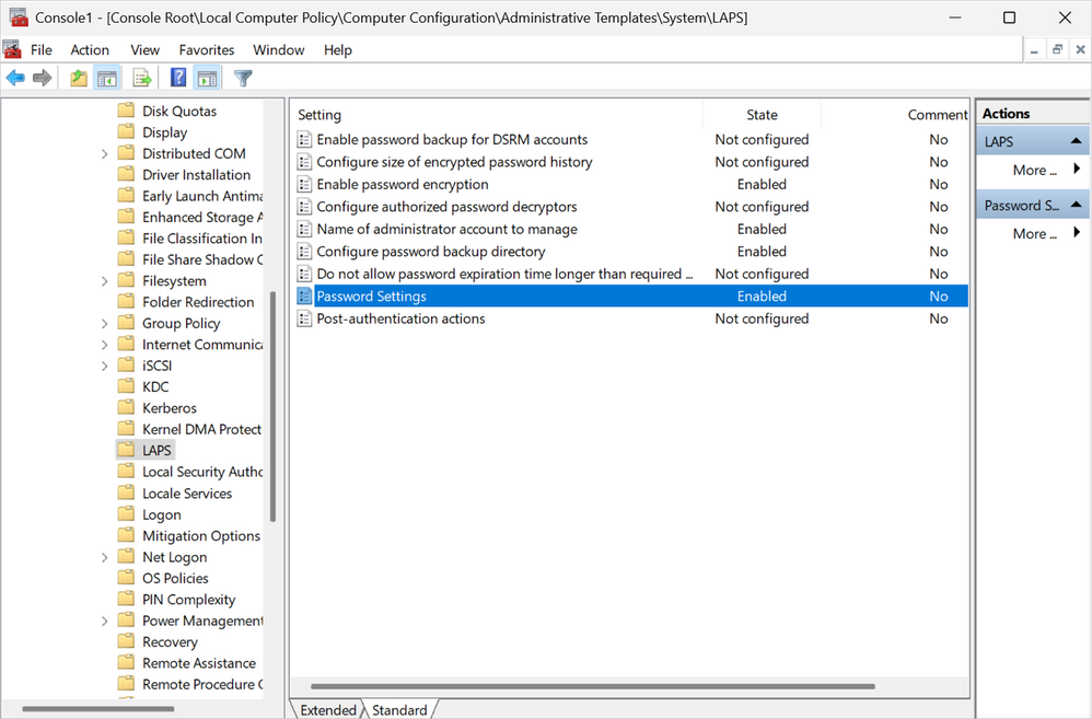 thumbnail image 1 captioned A screenshot of LAPS Group Policy shows password settings set to enabled in the LAPS console