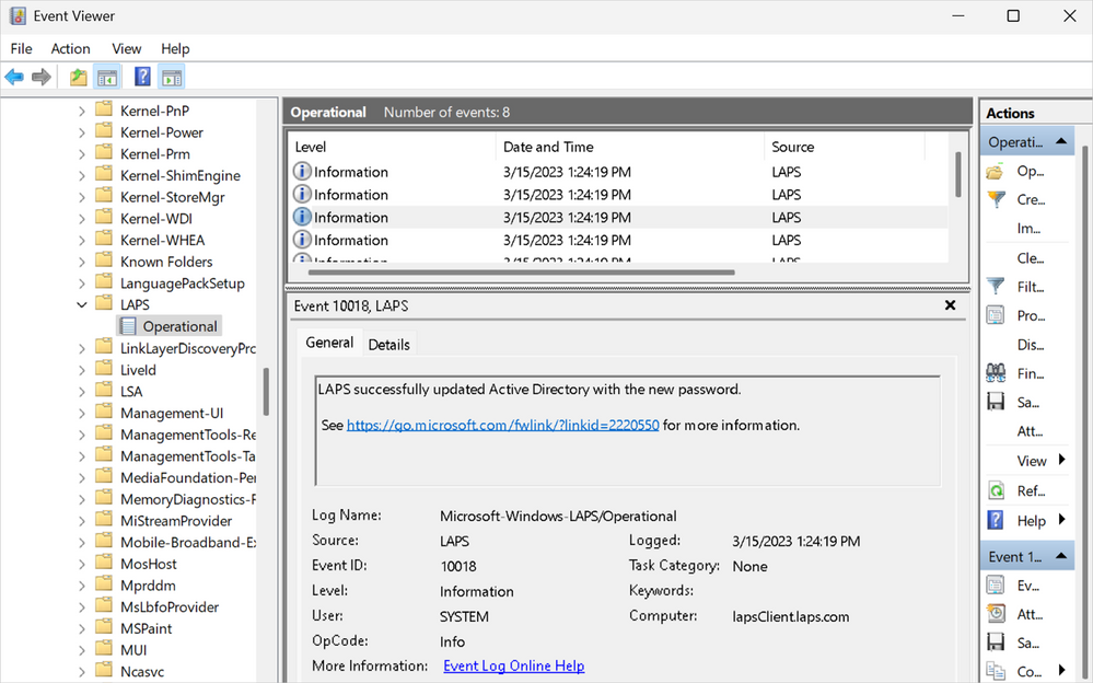 A screenshot of LAPS Event Viewer shows a description of a selected information event under Operational