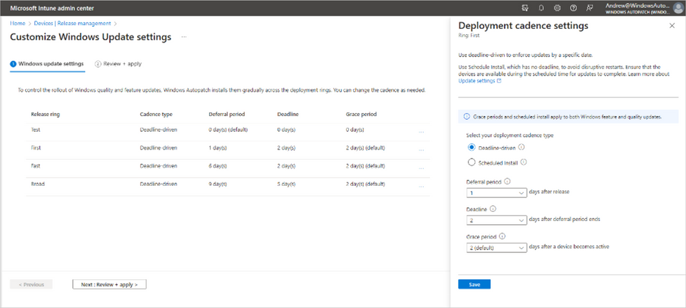 Screenshot of Microsoft Intune admin center with the Deployment cadence settings open