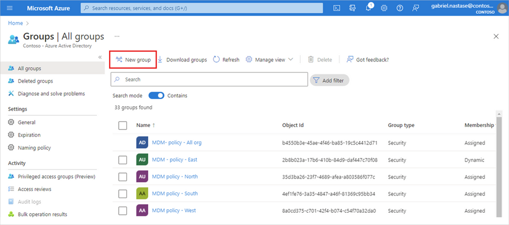 A screenshot of Microsoft Azure portal, showing existing groups and a button to create a new group
