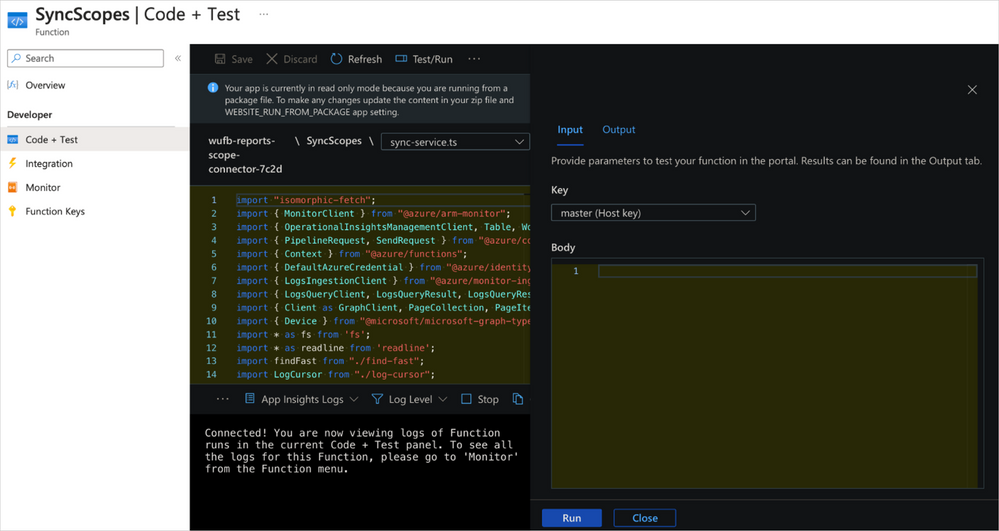 A screenshot of Azure Function interface, showing script under Code + Test developer view