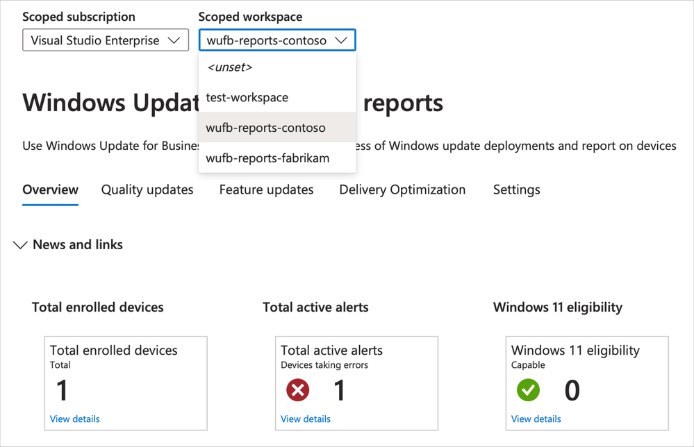 A screenshot of the Windows Update for Business reports, showing a drop-down menu of options for a scoped workspace