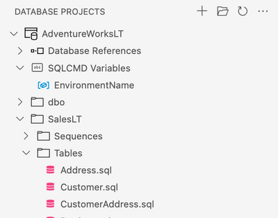 Database Projects view in Azure Data Studio with SQLCMD Variables and database objects