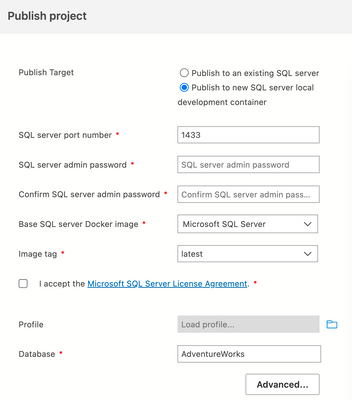 Publish project dialog with Publish to new SQL server local development container selected