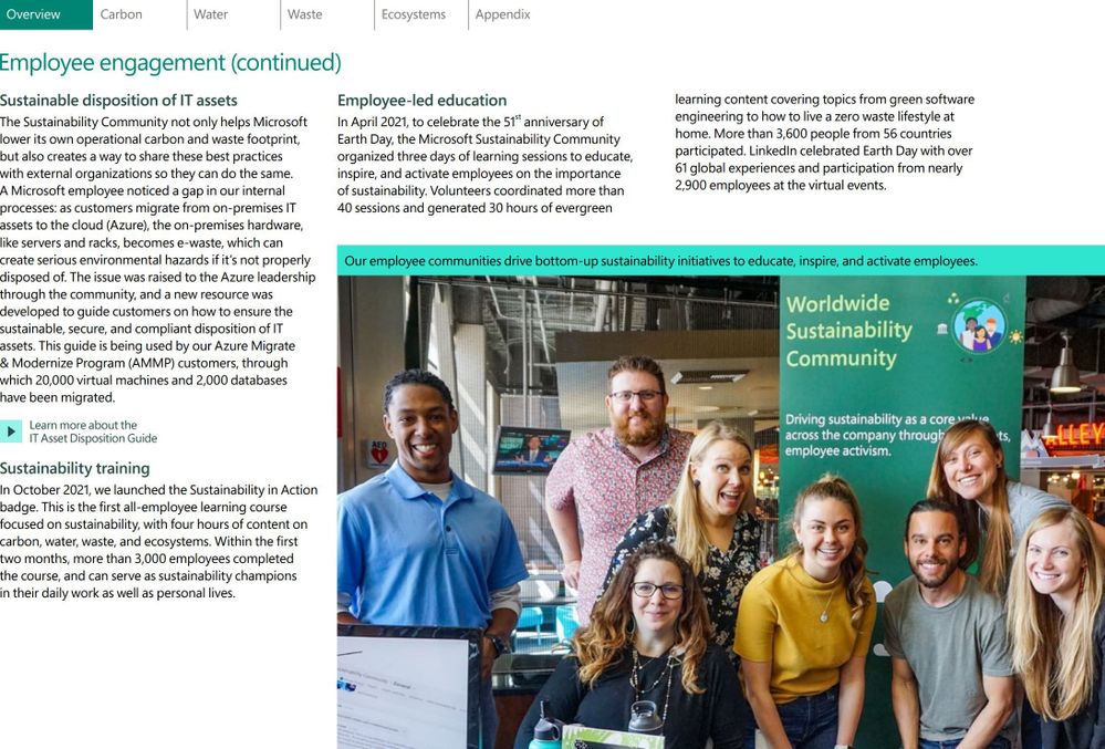 Microsoft's employee sustainability community, page 10 of the company's 2021 environmental sustainability report