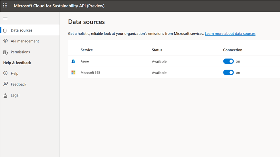 An image of the Microsoft Cloud for Sustainability API web portal demonstrating the new Microsoft 365 data source, availability status and connection button that you can toggle on or off.