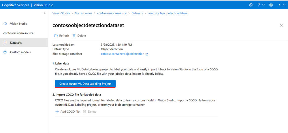 Vision Studio view of dataset to show the creation of an AML labeling project