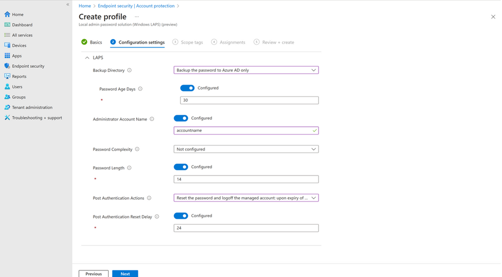 A screenshot of the Create profile, configuration settings for Windows LAPS when selecting Azure AD as the backup directory on the Endpoint security page.